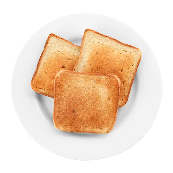 Plate Slices Delicious Toasted Bread White Background Top View — Photo