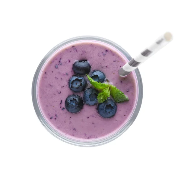 Glass Blueberry Smoothie Straw Mint Isolated White Top View — Photo