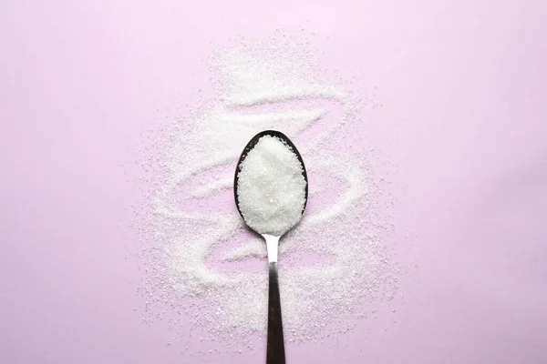 Granulated Sugar Spoon Lilac Background Flat Lay — 스톡 사진