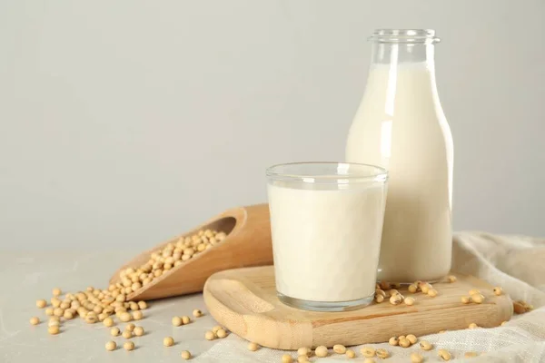 Fresh Soy Milk Beans Light Grey Table Space Text — стоковое фото