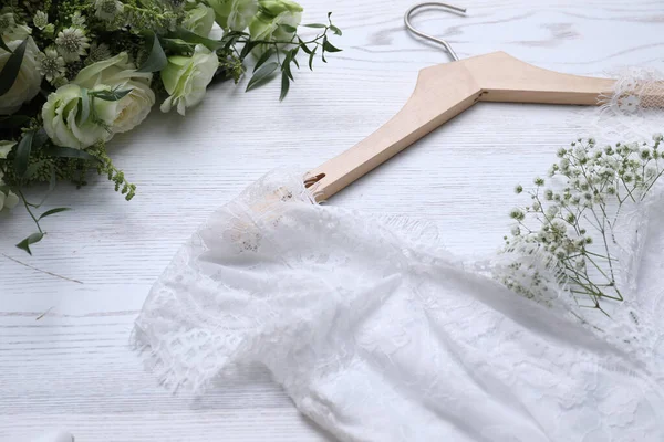 Beautiful Wedding Dress Flowers White Wooden Background Closeup — Stock fotografie
