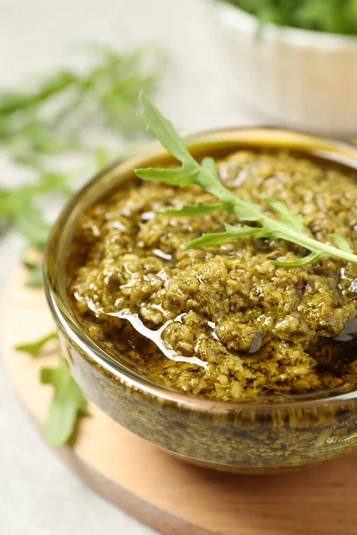 Bowl Tasty Arugula Pesto Table — Foto de Stock