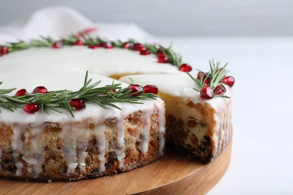 Traditional Christmas Cake Decorated Rosemary Pomegranate Seeds White Table Closeup — Stock Photo, Image