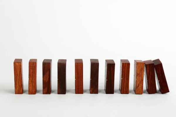 Wooden Domino Tiles Falling White Background Space Text — Fotografia de Stock