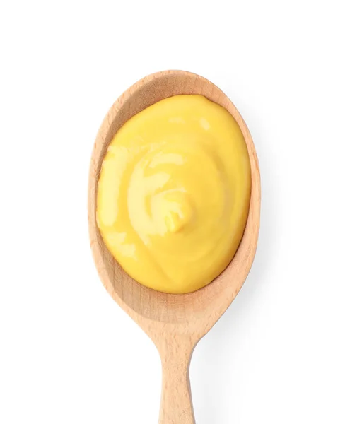 Delicious Mustard Wooden Spoon Isolated White Top View — Stock Fotó