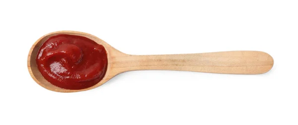 Ketchup Wooden Spoon Isolated White Top View — Foto de Stock