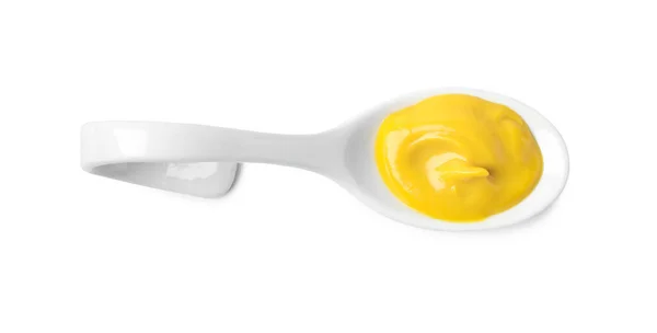 Mustard Ceramic Serving Spoon Isolated White Top View — Zdjęcie stockowe