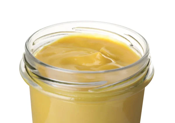 Glass Jar Delicious Mustard Isolated White Closeup — Stok fotoğraf