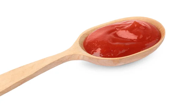 Ketchup Wooden Spoon Isolated White Closeup — Φωτογραφία Αρχείου
