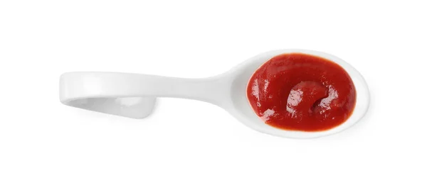 Ketchup Ceramic Serving Spoon Isolated White Top View — Stok fotoğraf