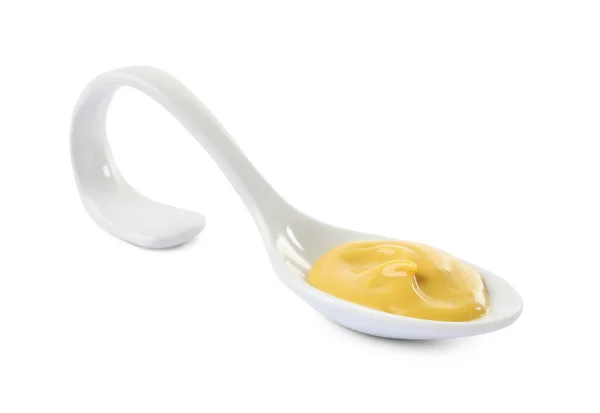 Mustard Ceramic Serving Spoon Isolated White — Stockfoto