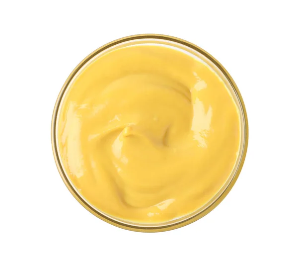 Spicy Mustard Glass Bowl Isolated White Top View — Fotografia de Stock