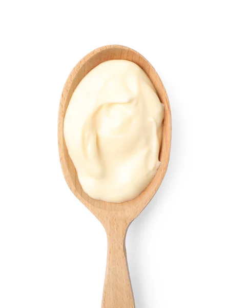Mayonnaise Wooden Spoon Isolated White Top View — ストック写真