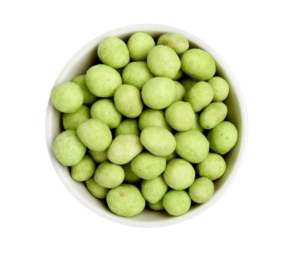 Tasty Wasabi Coated Peanuts Bowl White Background Top View — Stockfoto