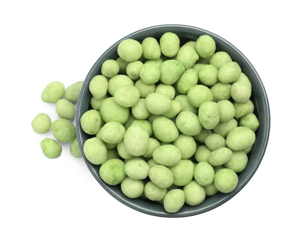 Tasty Wasabi Coated Peanuts Bowl White Background Top View — Stockfoto