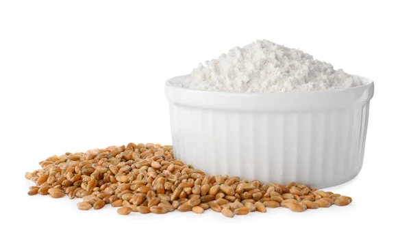 Миска Органічним Борошном Зернами Пшениці Білому Тлі — стокове фото