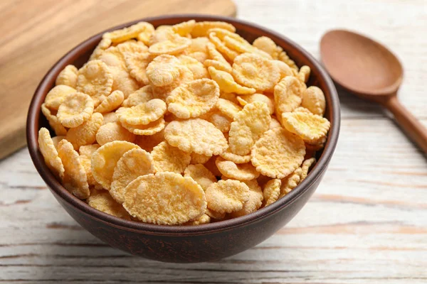 Bowl Tasty Corn Flakes Spoon White Wooden Table Closeup — Photo