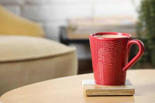 Mug Coffee Stylish Cup Coaster Wooden Table Room Space Text — Fotografia de Stock