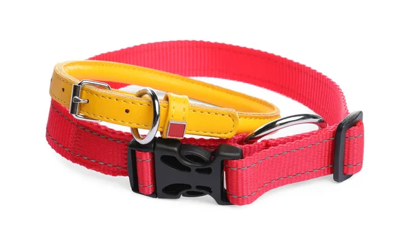 Different Leather Textile Dog Collars White Background — Foto de Stock