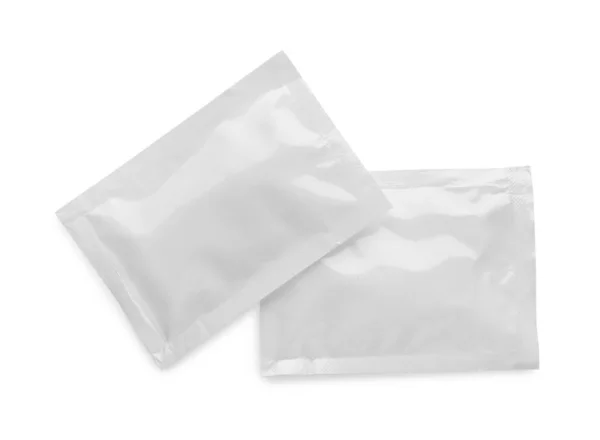 Blank Sachets Wet Wipes White Background Top View Space Design — Stock fotografie