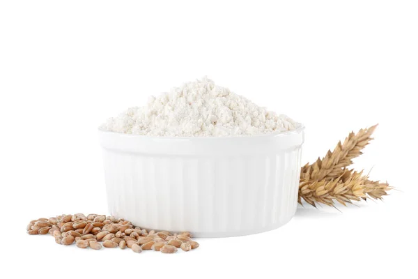 Bowl Organic Flour Grains Wheat Spikelets White Background Royalty Free Stock Photos