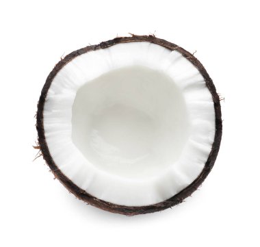 Half of ripe coconut isolated on white, top view