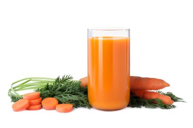 Freshly made carrot juice in glass isolated on white