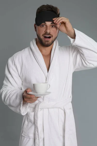 Young Man Bathrobe Cup Coffee Grey Background — Stockfoto