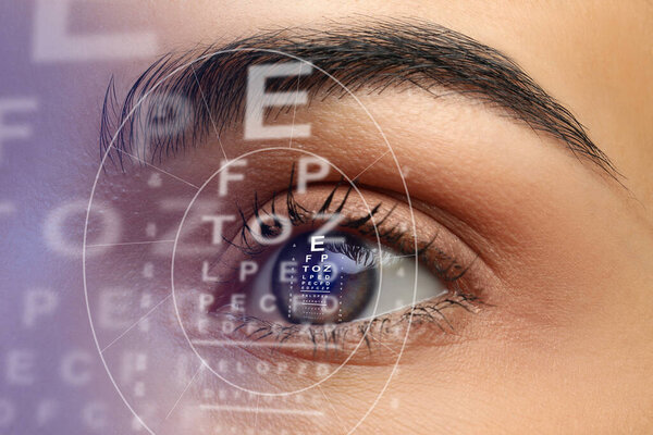 Closeup view of woman and eye chart illustration. Visiting ophthalmologist