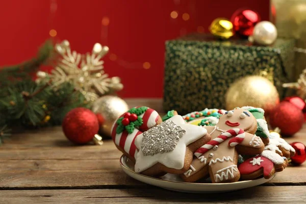 Sweet Christmas Cookies Decor Wooden Table Blurred Festive Lights — Stock Photo, Image