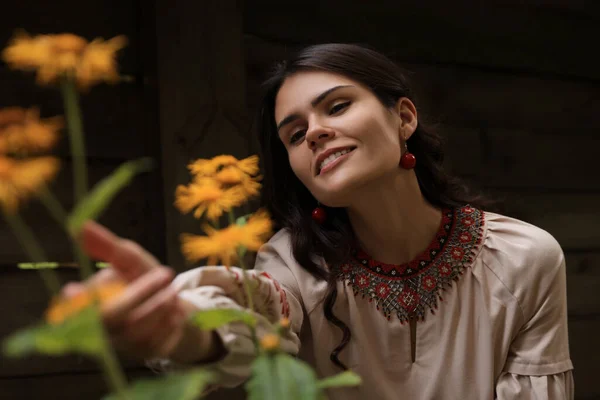 Beautiful Woman Wearing Ornate Beaded Necklace Blooming Garden Ukrainian National — Stock Fotó