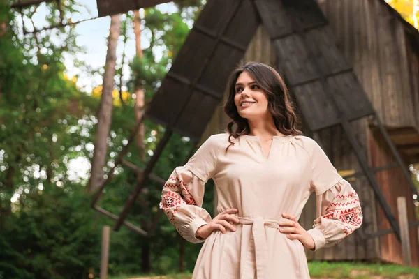 Beautiful Woman Wearing Embroidered Dress Old Wooden Mill Countryside Ukrainian — Stock Fotó