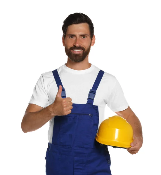 Professional Builder Uniform Hard Hat Isolated White — Zdjęcie stockowe