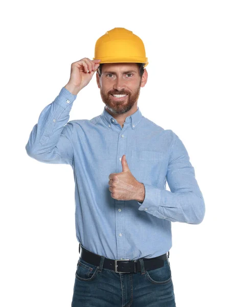 Επαγγελματίας Μηχανικός Σκληρό Καπέλο Που Δείχνει Τον Αντίχειρα Απομονωμένο Λευκό — Φωτογραφία Αρχείου