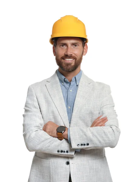 Επαγγελματίας Μηχανικός Σκληρό Καπέλο Απομονώνονται Λευκό — Φωτογραφία Αρχείου