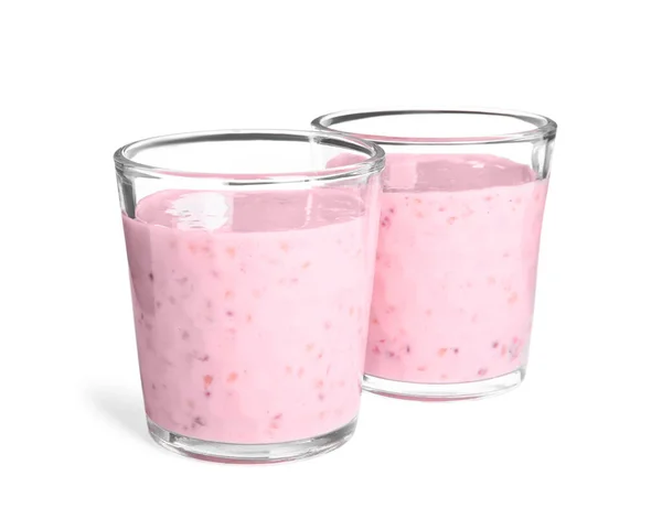 Tasty Fresh Raspberry Smoothie Glasses White Background — стоковое фото