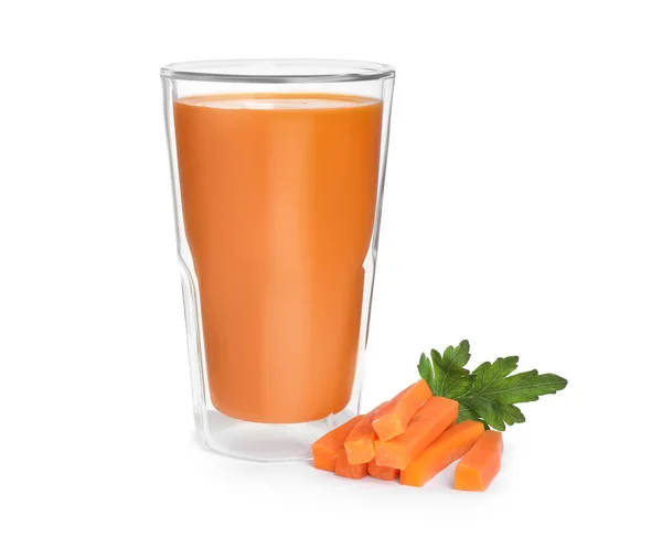 Glass Carrot Juice Cut Vegetable White Background — Stok fotoğraf