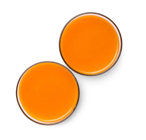 Two Glasses Fresh Carrot Juice White Background Top View — Stock Fotó