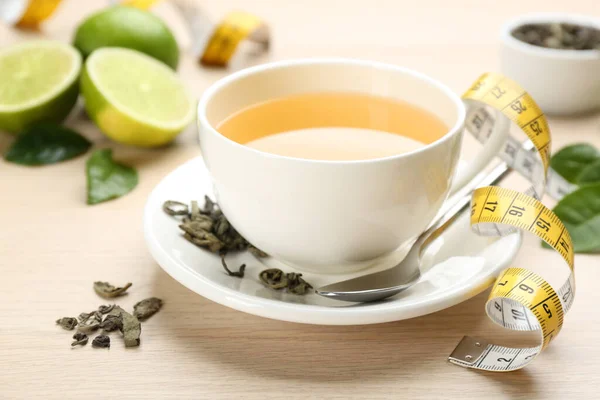 Cup Diet Herbal Tea Measuring Tape Dried Leaves Wooden Table — Stok fotoğraf