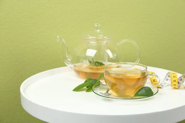 Herbal Diet Tea Measuring Tape White Table — Stock fotografie