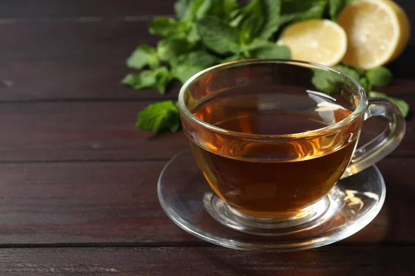 Glass Cup Freshly Brewed Tea Wooden Table Closeup Space Text — 图库照片