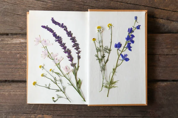 Ανοικτό Βιβλίο Όμορφα Αποξηραμένα Λουλούδια Ξύλινο Τραπέζι Κορυφαία Άποψη — Φωτογραφία Αρχείου