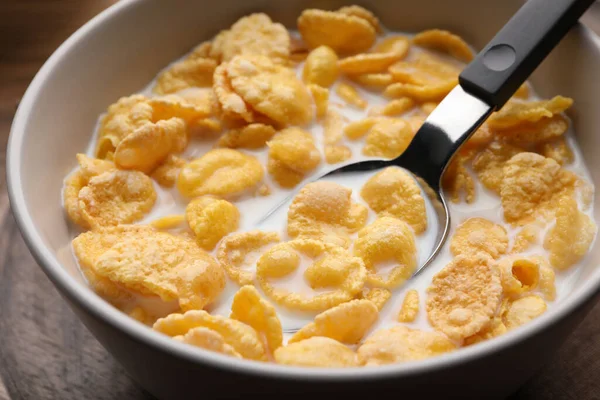 Spoon Tasty Cornflakes Milk Bowl Table Closeup — Stock Photo, Image