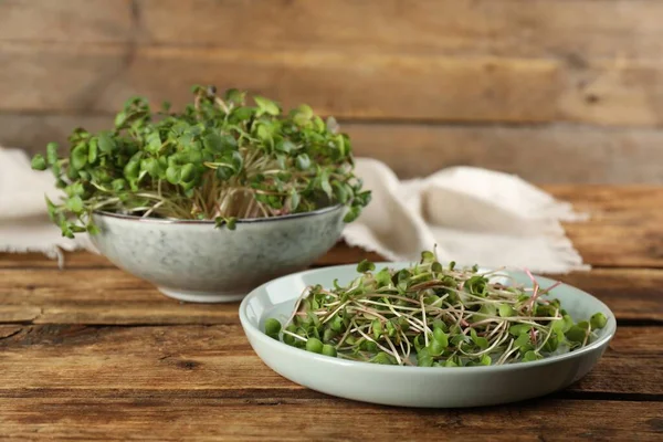 Plate Bowl Fresh Radish Microgreens Wooden Table — Zdjęcie stockowe