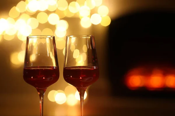 Glasses Wine Blurred Lights Closeup Space Text Romantic Dinner — Stock Fotó