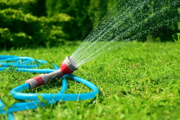 Water Spraying Hose Green Grass Outdoors — Stockfoto