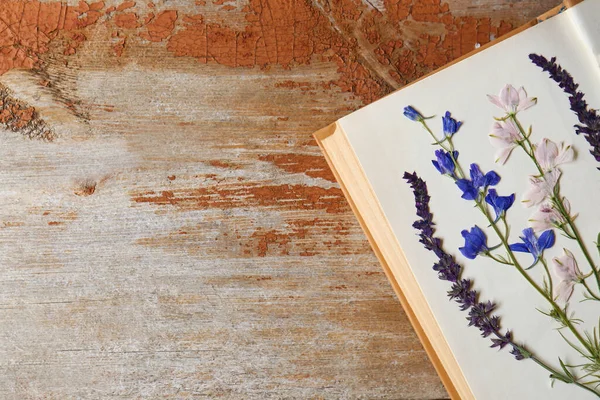 Open Book Beautiful Dried Flowers Wooden Table Top View Space —  Fotos de Stock