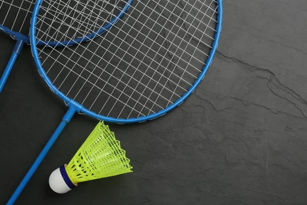 Rackets Shuttlecock Black Background Flat Lay Space Text Badminton Equipment — Stock Photo, Image