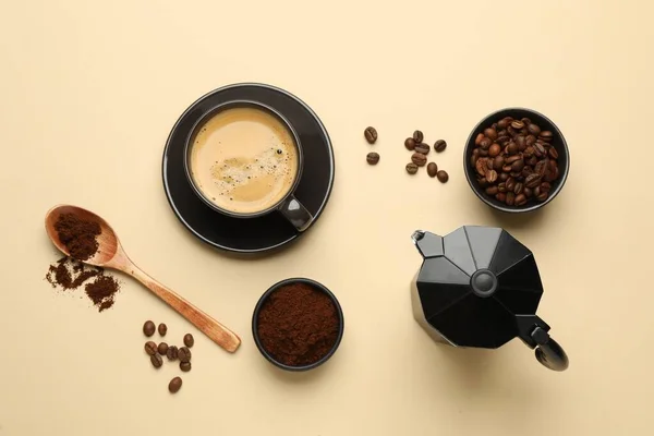Flat Lay Composition Ground Coffee Roasted Beans Beige Background — Photo