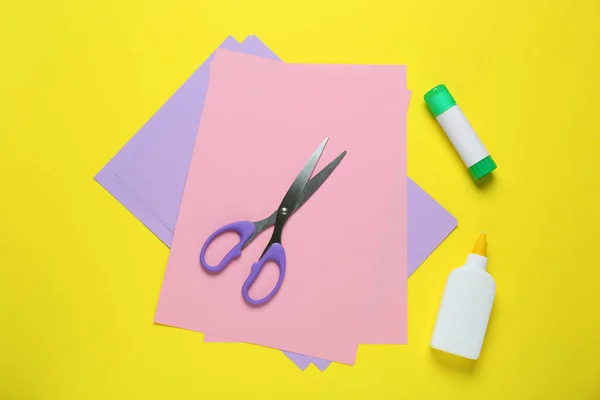 Glue Colorful Paper Scissors Yellow Background Flat Lay — Foto de Stock